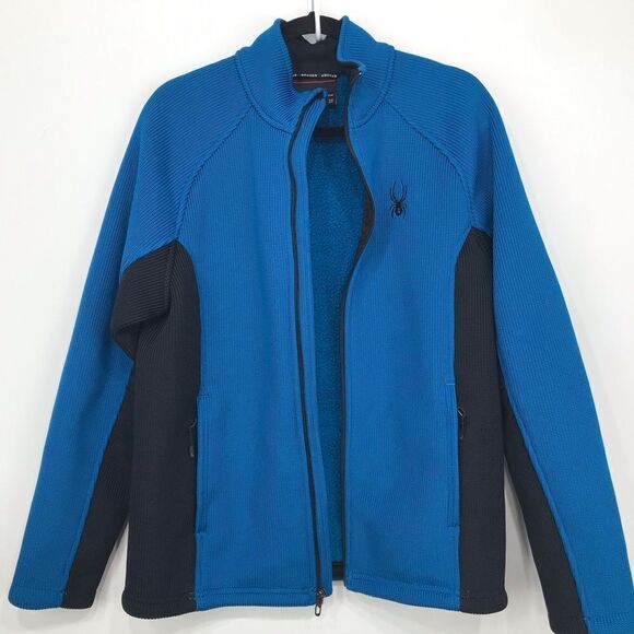 Spyder Blue Black Fleece Lined Stretch Knit Performance Zip Up Jacket - Picture 2 of 16